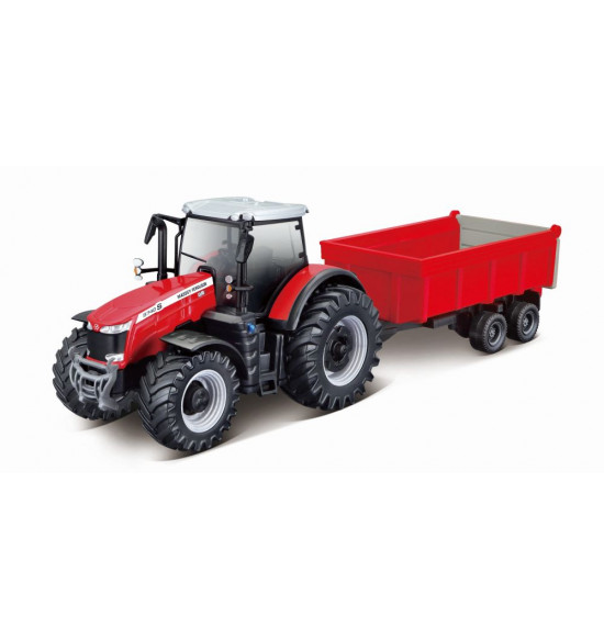 Bburago 10cm Farm Traktor na zotrvačík s vlečkou na drevo Massey Ferguson