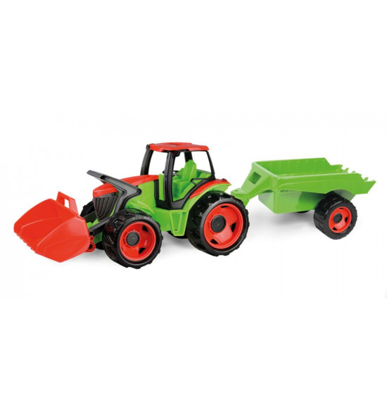 Traktor s lyžicou a s vozíkom, červeno zelený